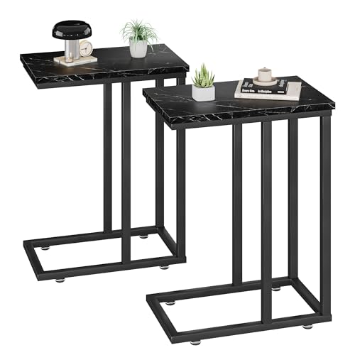 VECELO Universal C-Shaped Side Table, Multi-Functional Snack & TV Tray for Living Room, Bedroom, Black Marble (2 Set) - color: Black Marble, size: 2 Set