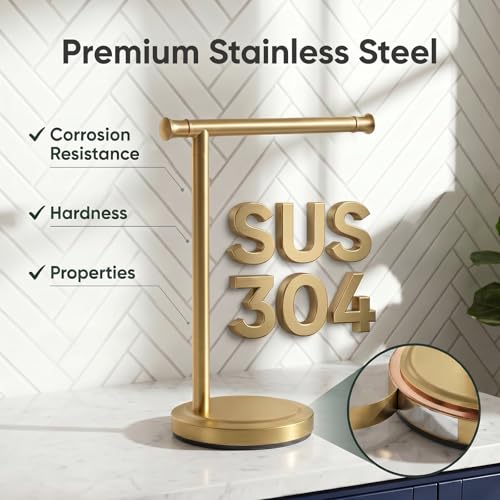 Hoimpro 13" Brushed Gold Stand Hand Towel Holder Bathroom Kitchen Countertop Towel Rack Towel Bar Ring Free Standing Counter T Bath Accessories Freestanding Vanity Sink Hardware Stainless Steel - color: Brushed Gold