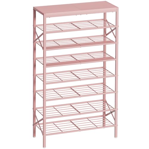 8 Tier Metal Shoe Rack with Wood Top, 24-32 Pairs Pink | 52in tall maximizes vertical space. 2 iron sheets for heels. Remove a layer for tall boots. Versatile for home. - color: Pink, size: 8-tier
