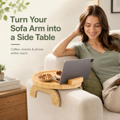 Couch Arm Tray Table Oval, Bamboo Clip-On Sofa Armrest Snack Tray with 360° Phone Holder, Collapsible Cozy Sofa Armrest Tray Bamboo Side Table for Drinks, Food or Something Else (1-Pack) - color: Round Natutal