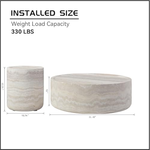 Modern Round Coffee Table End Table Set of 2 Faux Travertine Marble Pattern Circle Coffee Tables Side Table Set for Living Room Apartment No Need Assembly (Fiberglass 2piece) - color: Faux Travertine-round-set of 2