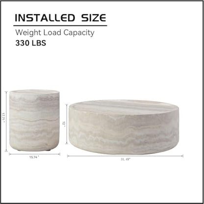 Modern Round Coffee Table End Table Set of 2 Faux Travertine Marble Pattern Circle Coffee Tables Side Table Set for Living Room Apartment No Need Assembly (Fiberglass 2piece) - color: Faux Travertine-round-set of 2