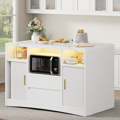 Kitchen Island with Storage, Island Table for Kitchen with Power | Outlet & LED Light, Coffee Cart on Wheels Rolling Buffet Cabinet with Fluted Sliding Door, 2 Drawers, Large Countertop, White - color: White