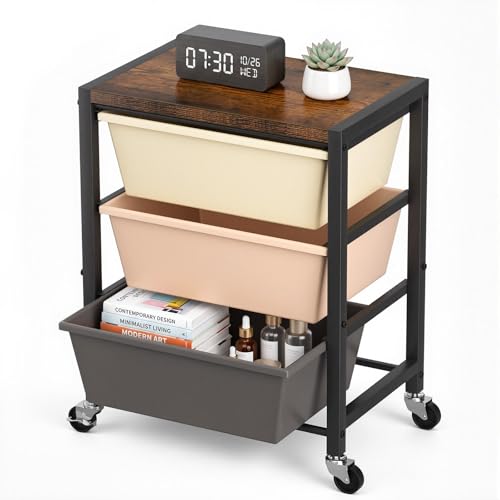 Rolling Cart with 3 Drawers, Plastic Drawer Storage Carts with Lockable Wheels & Wooden Tabletop, Metal Art Craft Utility Cart Organizer for Home Office Bedroom Dorm Bedside Classroom, Dark Brown - color: Dark Brown