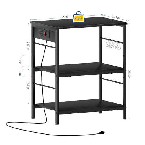 Bakers Rack with Power Outlet Black Coffee Station Cart Table on Wheels Microwave Stand Table with Storage Shelf for Kitchen Living Room Bedroom - color: Black