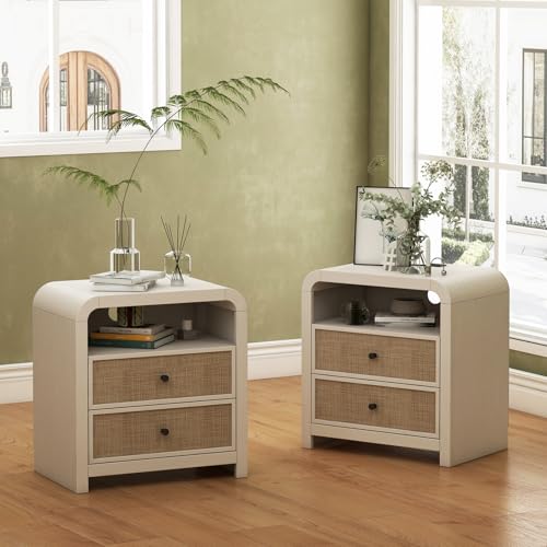Oak&Sparrow Rattan Nightstand Set of 2, 23.6'' Rattan End Table with Ample Storage, Boho Nightstand with Charging Station, Thickened Curved Profile Design, Oak Nightstands for Living Room, Bedroom - color: Antique White, size: 2 Pieces