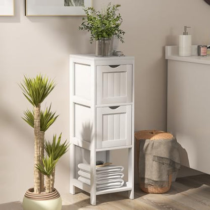 RELAX4LIFE Small Bathroom Storage Organizer, Freestanding with 2 Removable Drawers & Open Shelf, Wooden Corner Cabinet for Entryway, Living Room or Narrow Bathroom (White)