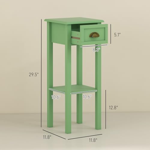 HOMCOM Narrow End Table with Drawer and Bottom Shelf Set of 1 Green | Tall Telephone Table, Skinny Modern Design, for Small Spaces, Living Room - color: Green