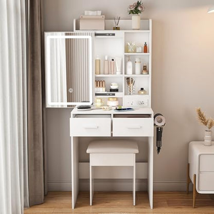 Small Vanity Desk Set with Lighted Mirror and Stool, Compact Makeup Table Set with Light - 3 Color Models, Dressing Makeup Table with Hair Dryer Rack & Power Strip & 2 Drawers for Bedroom Apartment