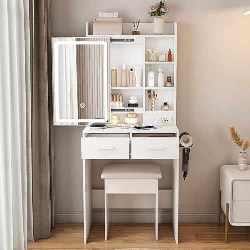Small Vanity Desk Set with Lighted Mirror and Stool, Compact Makeup Table Set with Light - 3 Color Models, Dressing Makeup Table with Hair Dryer Rack & Power Strip & 2 Drawers for Bedroom Apartment