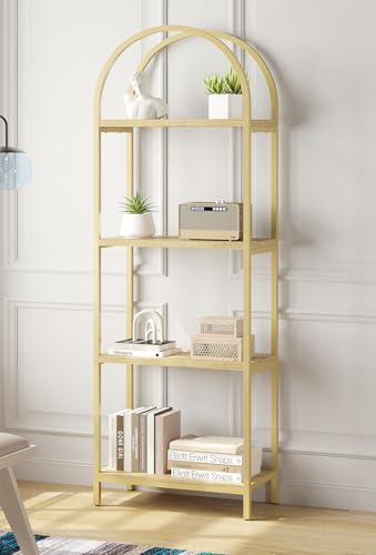 Bookshelf Arched Bookcase, Industrial 4-Tier Open Shelves with Metal Frame, 72" Tall Freestanding Storage Display Rack for Home Office, Living Room, Gold & Nature Wood, Easy Assembly - color: Nature Wood & Gold, size: 4 Tier Arched