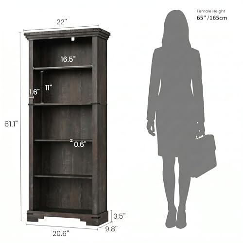 5-Tier Farmhouse Bookshelf, 61.1 inch Tall Bookcase with Storage & Unique Design & One Adjustable Shelf, Wooden Bookshelf for Study Room, Living Room, Home Office, Bedroom (Black) - color: Black
