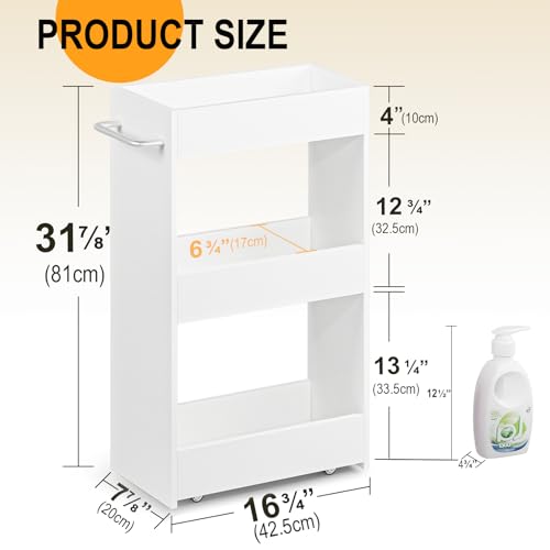 MARTY Slim Rolling Storage Cart 7.9" W Laundry Cart with Wheels,Wood, White | Narrow Utility Cart Between Washer and Dryer, 3 Tier Mobile Shelving Unit for Kitchen, Laundry, Bathroom, Office, Living Room - color: White