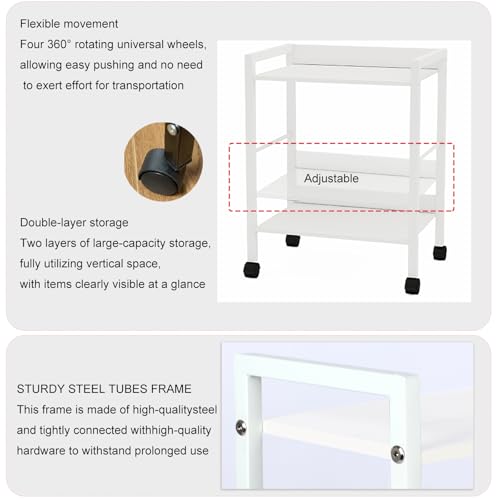 2-Tier Rolling Utility Cart with White Shelves and White Metal Frame, Industrial Mobile Storage Trolley on Wheels for Kitchen, Office, Bathroom, Living Room