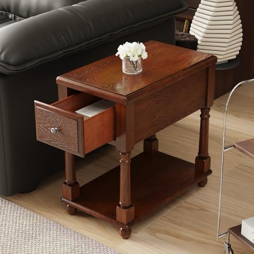 Narrow End SideTable with Drawer and Storage Shelf, Solid Wood Sofa Tables, Slim Beside Table-, Telephone for Small Spaces, Living Room, 22"L x 13"W x 22.7"H No-tools Assembly Dark Walnut BBJ004DWA - color: Walnut