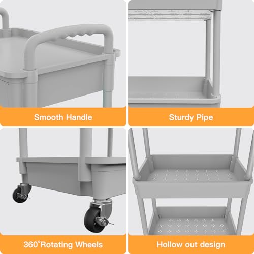4 Tier Rolling Utility Cart with Drawer,REBECAT Utility Cart Made of Multifunctional Storage Organizer Tool for Kitchen,Bathroom,Living Room,Office(Gray) - color: Gery