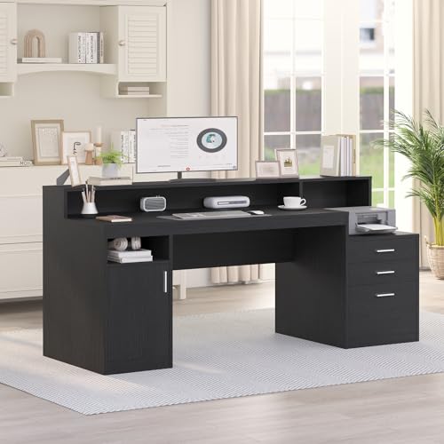 YOMILUVE Computer Desk with 3 Drawer & Storage Shelves, Home Office Desk with File Drawer & Cabinet, Writing Study Table with Long Monitor Stand & Printer Shelf, Executive Desk, Black - color: Black