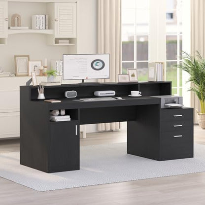 YOMILUVE Computer Desk with 3 Drawer & Storage Shelves, Home Office Desk with File Drawer & Cabinet, Writing Study Table with Long Monitor Stand & Printer Shelf, Executive Desk, Black - color: Black