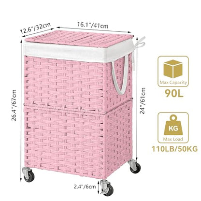 Chrislley 90L Slim Laundry Hamper with Wheels, Rolling Laundry Basket with Lid and Renovable Liner Bag, Handwoven Rattan Organizer for bedroom, bathroom, laundry room (Pink) - color: Pink