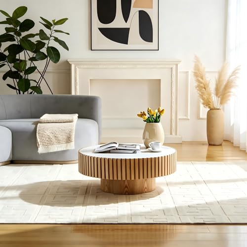 Round Coffee Table Wood Ø35.43'' X 13.77''H Drum Coffee Tables Sintered Stone Tabletop for Living Room Small Space Fluted Circle Cocktail Tea Modern Center Apartment Home Furniture Easy Assembly - color: 35.43 Wood Sintered