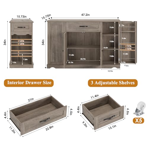HOSTACK Kitchen Island Cart with Storage, 47'' Kitchen Storage Island on Wheels with 2 Drawers, Rolling Island Table with Adjustable Shelves, Mobile Buffet Sideboard Cabinet for Dining Room, Ash Gray - style: Ash Gray