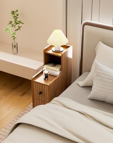 Narrow Side Table with 2 Drawers, Mid Century Modern Slim Night Stand with Storage, Wooden End Table for Small Spaces, Bedroom, Living Room（No Charging Station）
