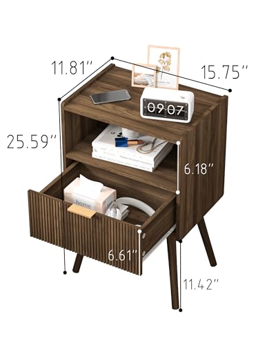 JOONEE Nightstand,Modern Bedside Table with Storage Drawer and Open Wood Shelf, for Living Room, Bedroom and Small Spaces, Accent Night Stand with Solid Wood Legs, Easy Assembly,Walnut Brown - color: Walnut Brown