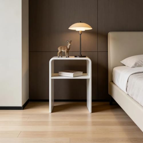 White Acrylic 2-Tier End Table – 23.6”H Modern Nightstand with Shelf, Sturdy Bedside Storage for Bedroom, Living Room, Home Office, No Assembly Required - size: white