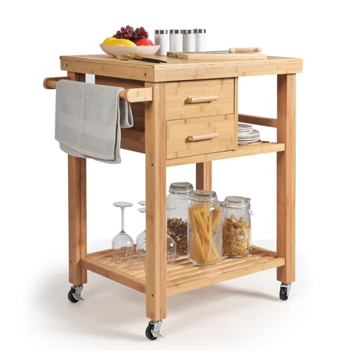 Kitchen Island, Rolling Butcher Block Kitchen Cart on Wheels | Bamboo Kitchen Trolley with Drawers, Shelves, Towel Rack, Small Kitchen Island Cart for Dining Room - size: 32.5"Lx21.5"Wx35.5"H