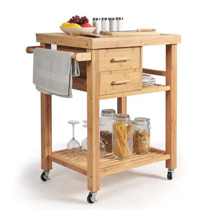 Kitchen Island, Rolling Butcher Block Kitchen Cart on Wheels | Bamboo Kitchen Trolley with Drawers, Shelves, Towel Rack, Small Kitchen Island Cart for Dining Room - size: 32.5"Lx21.5"Wx35.5"H