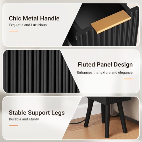 Narrow Side Table with Charging Station, Skinny Fluted Nightstand, Black | 7.9" Wide, 24.4" H, 2 Drawers, Solid Wood Feet, Open Shelf, Slim End Table for Small Spaces, Bedroom - color: Black-1 Pcs