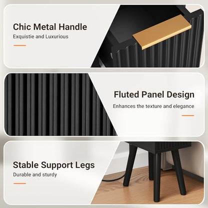 Narrow Side Table with Charging Station, Skinny Fluted Nightstand, Black | 7.9" Wide, 24.4" H, 2 Drawers, Solid Wood Feet, Open Shelf, Slim End Table for Small Spaces, Bedroom - color: Black-1 Pcs