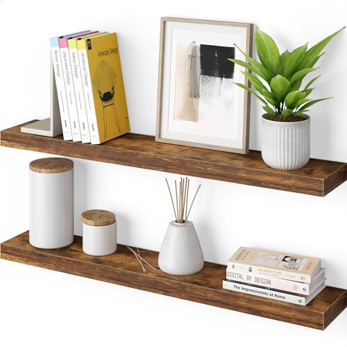 Ballucci Floating Shelves, 36" Wood Wall Shelf Set of 2, with Invisible Brackets for Bathroom, Living Room, Bedroom, Kitchen, Nursery, 6" Deep, Rustic Brown - color: Rustic Brown, size: 35.4 inches