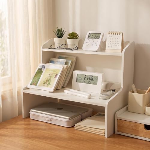 White Desktop Shelf,2-Tier Countertop Organizer with Scalloped Edge,Freestanding Tabletop Storage Rack for Office,Bedroom,Cosmetics,Stationery,Small Items,Space-Saving Display Stand (M)
