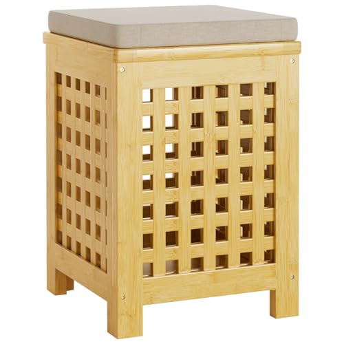 Bamboo End Table with Removable Cushion and Hidden Storage, 2-in-1 Ottoman Side Table with Breathable Grid Design for Small Space, Living Room, Bedroom, Balcony, Entryway