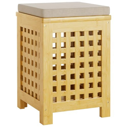 Bamboo End Table with Removable Cushion and Hidden Storage, 2-in-1 Ottoman Side Table with Breathable Grid Design for Small Space, Living Room, Bedroom, Balcony, Entryway