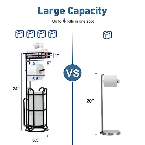 [Upgrade] Toilet Paper Holder Stand with Shelf Tissue Holders for Bathroom Free Standing Bath Tissue Roll Holder Magazine Rack for Mega Rolls/Phone/Wipe-Black - color: C-black