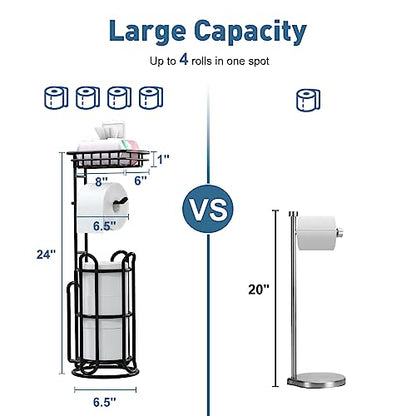 [Upgrade] Toilet Paper Holder Stand with Shelf Tissue Holders for Bathroom Free Standing Bath Tissue Roll Holder Magazine Rack for Mega Rolls/Phone/Wipe-Black - color: C-black