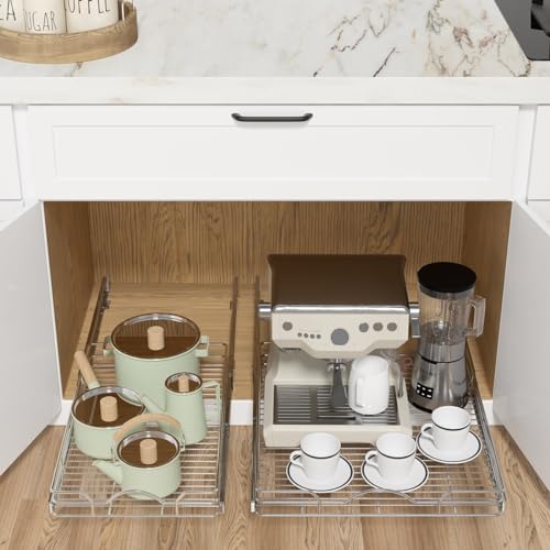 OCG Pull Out Cabinet Organizer 2 Pack (12" W x 21" D), Pull out Shelves 1 Tier, Cabinet Slide Out Shelves for Base Cabinet Organization in Kitchen Bathroom Pantry, Bottom Mount, Chrome Finish - size: 12W21D, 2Pack