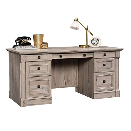 Sauder Palladia Office Desk with Drawers, Executive Desk with File Cabinet Storage, Cable Management, Keyboard Tray, in Split Oak Finish - color: Split Oak