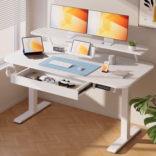 COMHOMA Electric Standing Desk with Drawers, 48 x 24'' Sit Stand up Desk with Monitor Stand, Laptop Stand, Height Adjustable Ergonomic Home Office Computer Desk with Memory Preset Controller - color: Ivory White, size: 48 x 24 Inch