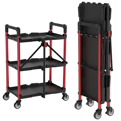 WORKPRO 3-Tier Collapsible Service Cart, Black/Red, 210 LBS Foldable Utility Cart with Wheels, Portable Rolling Tool Cart for Garage, Warehouse, Home, Restaurant and Office (No Assembly Required) - color: Black/Glossy Red