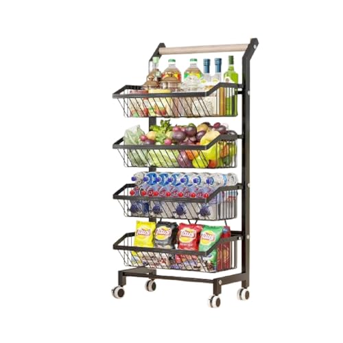 4-Tier Rolling Storage Cart with Wheels, Adjustable Metal Fruit & Vegetable Basket Organizer with Wood Handle, Mesh Wire Utility Rack for Kitchen, Pantry, Bathroom, Black