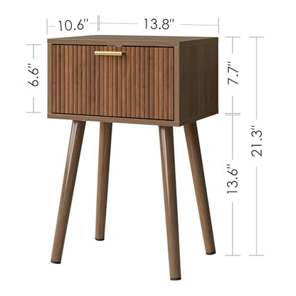 Night Stand Set 2, Walnut Nightstand with Fluted Doors, Small Modern Mid-Century Bedside Table for Bedroom, End Table for Living Room - color: Walnut