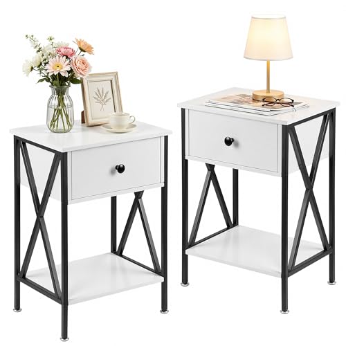 VECELO Nightstands Set of 2, Modern Bedside End Tables, Night Stands with Drawer and Storage Shelf for Living Room Bedroom, Industrial Metal Frame - color: Pure White, size: Set of 2