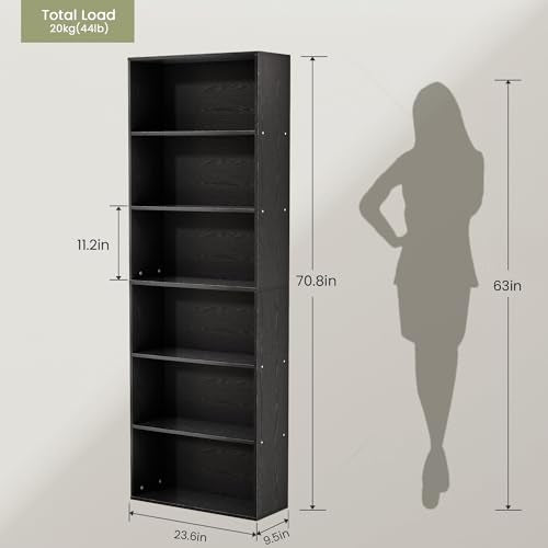 GRUSIGN 71" Tall 6-Tier Bookshelf, Large Open Display Bookcase with Ample Storage, Floor Standing Book Shelf for Living Room, Home Office, Bed Room, Black - color: Black