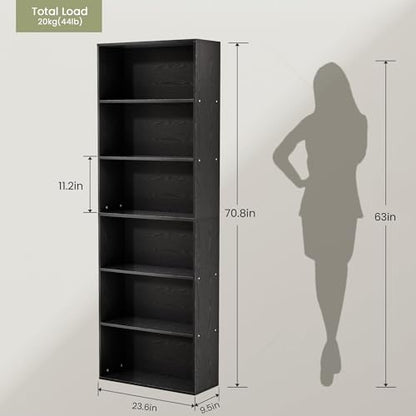 GRUSIGN 71" Tall 6-Tier Bookshelf, Large Open Display Bookcase with Ample Storage, Floor Standing Book Shelf for Living Room, Home Office, Bed Room, Black - color: Black