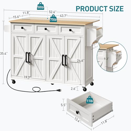 RALGEND Kitchen Island with Drop Leaf & Power Outlet, Rolling Kitchen Island Cart On Wheels, Barn Door Kitchen Island Table with Storage and Tower Rack, Island Table for Kitchen, White and Natural - color: White + Natural