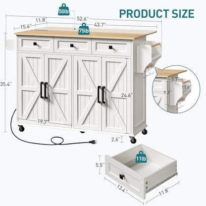 RALGEND Kitchen Island with Drop Leaf & Power Outlet, Rolling Kitchen Island Cart On Wheels, Barn Door Kitchen Island Table with Storage and Tower Rack, Island Table for Kitchen, White and Natural - color: White + Natural