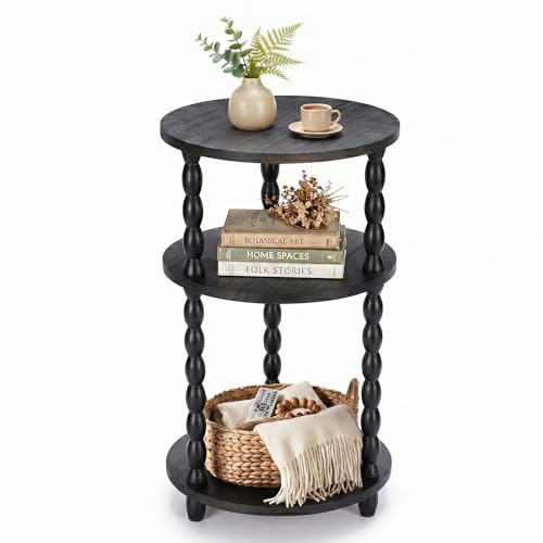 Small Round Side Table, 3-Tier Solid Wood End Table with Storage Shelf, Modern Bedside Tables Night Stand for Living Room, Bedroom, College Dorm, Small Space (Black) - color: Black